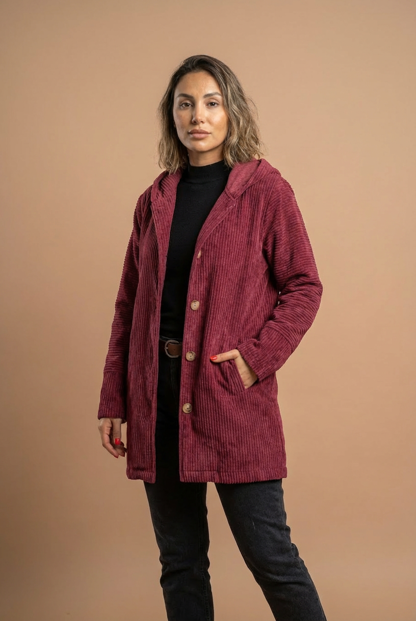 Corduroy Hooded Button-Up Jacket