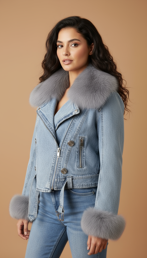 Faux Fur Collar Denim Jacket Plus Size