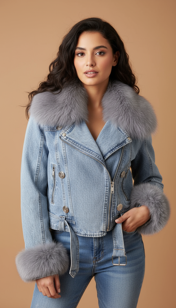 Faux Fur Collar Denim Jacket Plus Size
