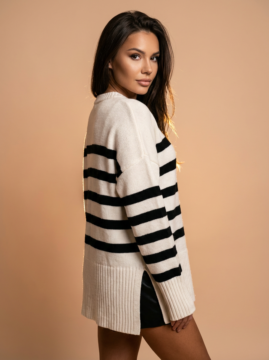Side Slit Striped Oversized Knit Sweater