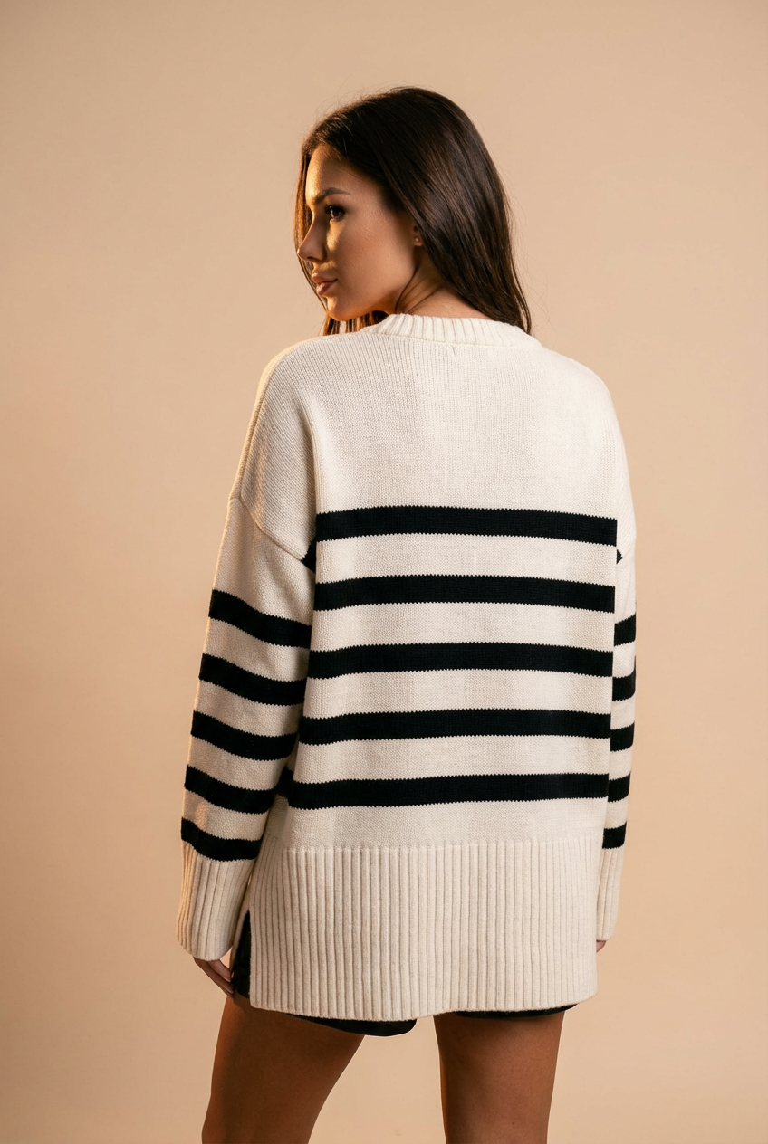 Side Slit Striped Oversized Knit Sweater